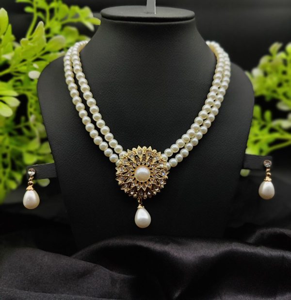 Imported Radiant Double-layered Pearl Necklace With Golden Sunburst Pendant | Girls & Women Fashion